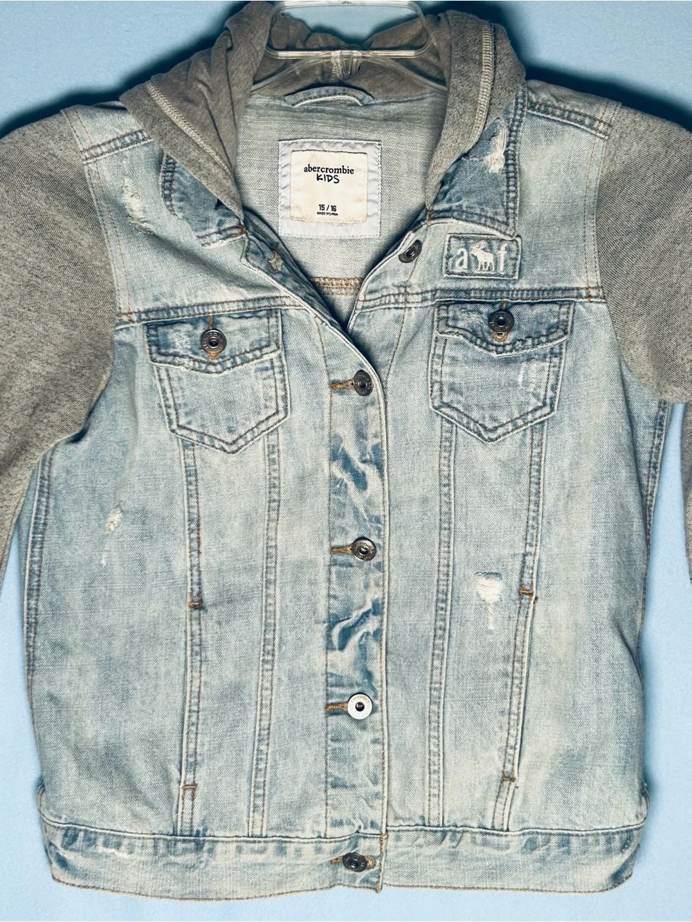 Abercrombie Kids Light Wash Thermal Denim Distressed Jacket with Gray Hood 15/16